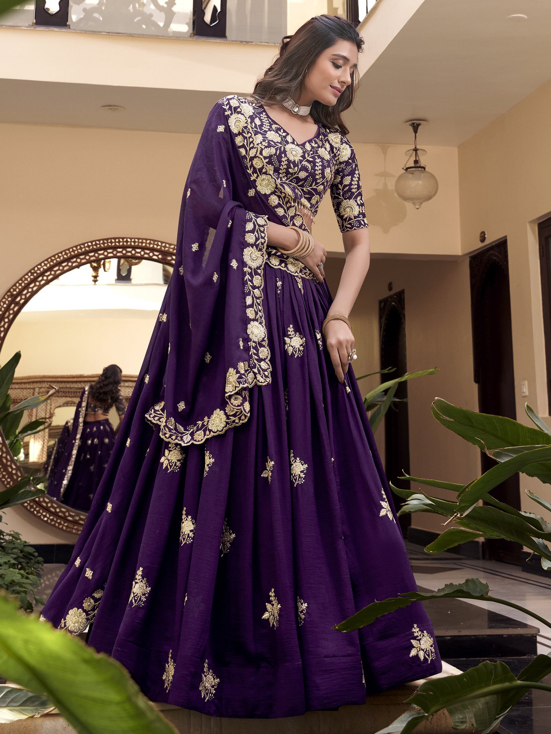Purple Vichitra Silk Lehenga Choli with Pearl, Coding, and Sequins Embroidery Work – Elegant Ethnic Wear for Weddings and Festive Occasions